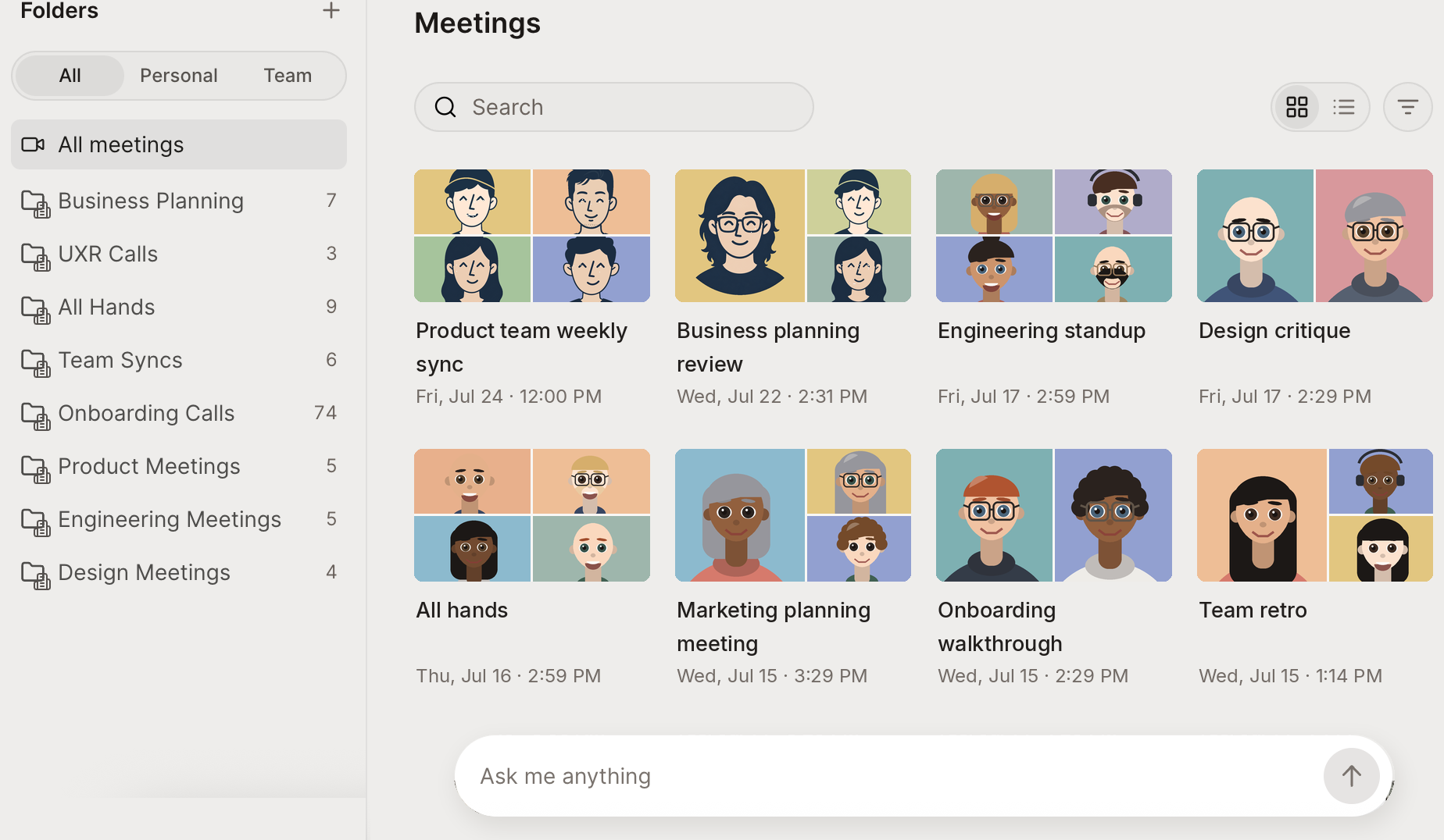 The Meetings page: a Folders sidebar with All, Personal, and Team views, recorded meetings as tiles, and an Ask me anything box