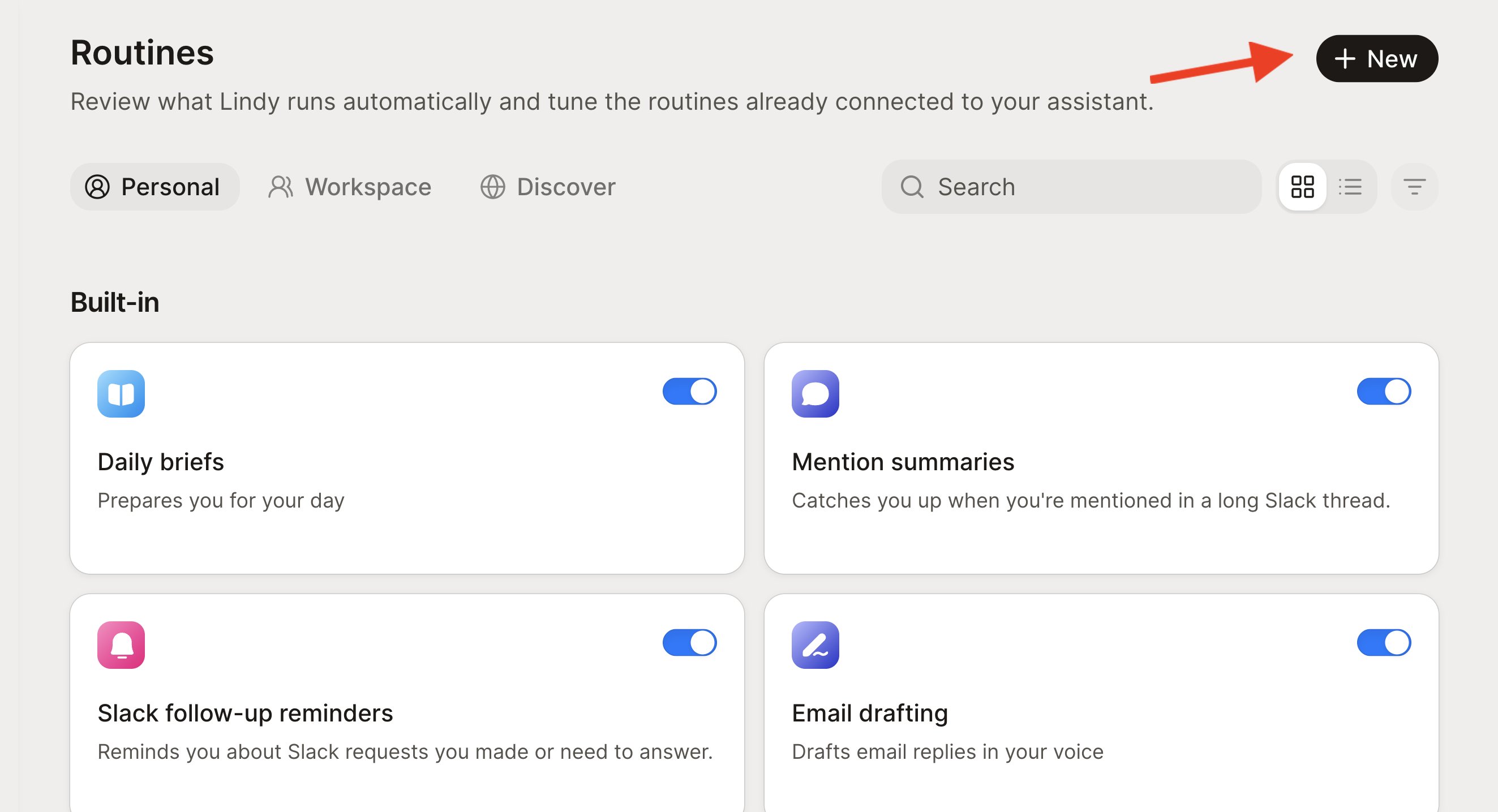 The Routines page with an arrow pointing to the New button in the top right, above the Personal, Workspace, and Discover tabs and the built-in routine cards