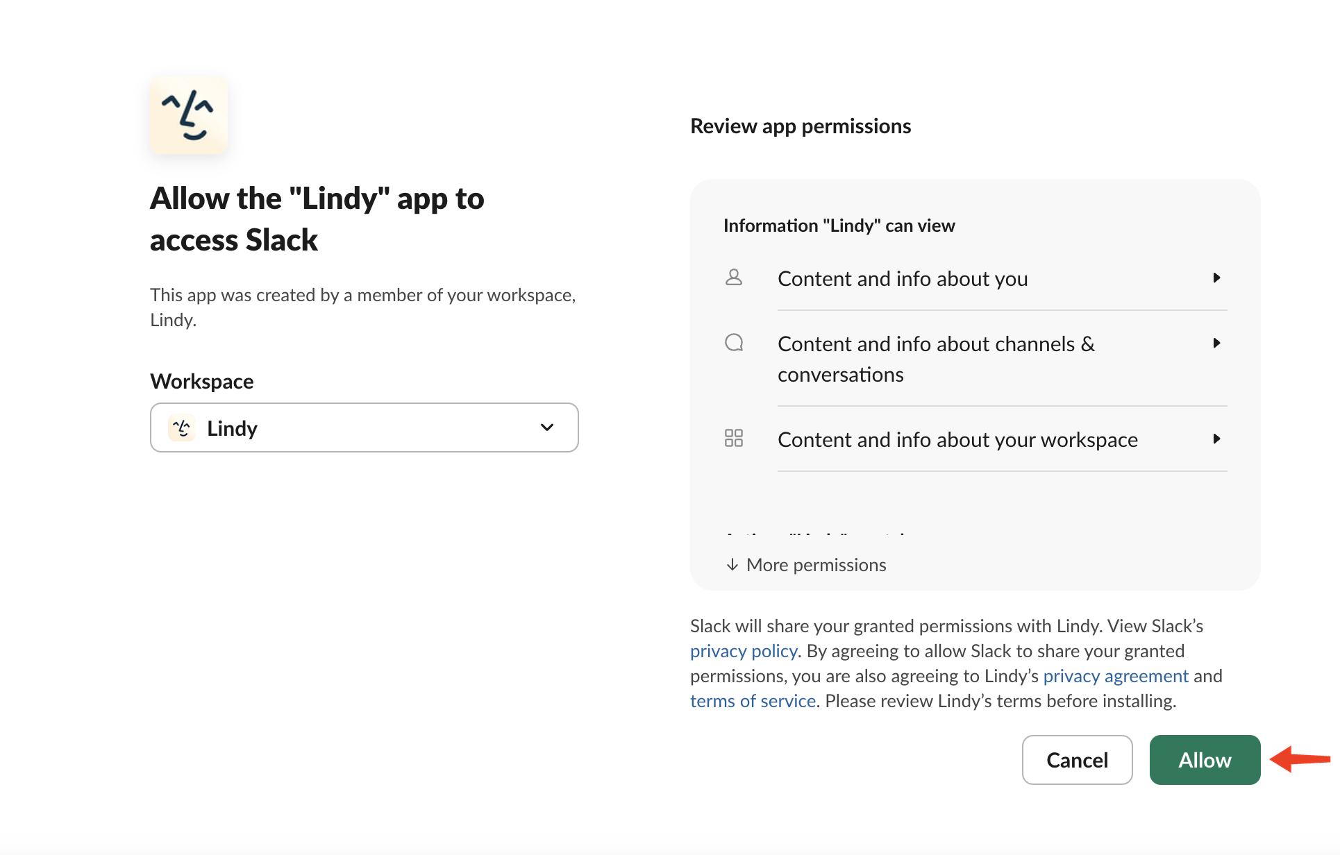 Slack's Allow the Lindy app to access Slack screen, with the workspace picker and an arrow pointing to the Allow button