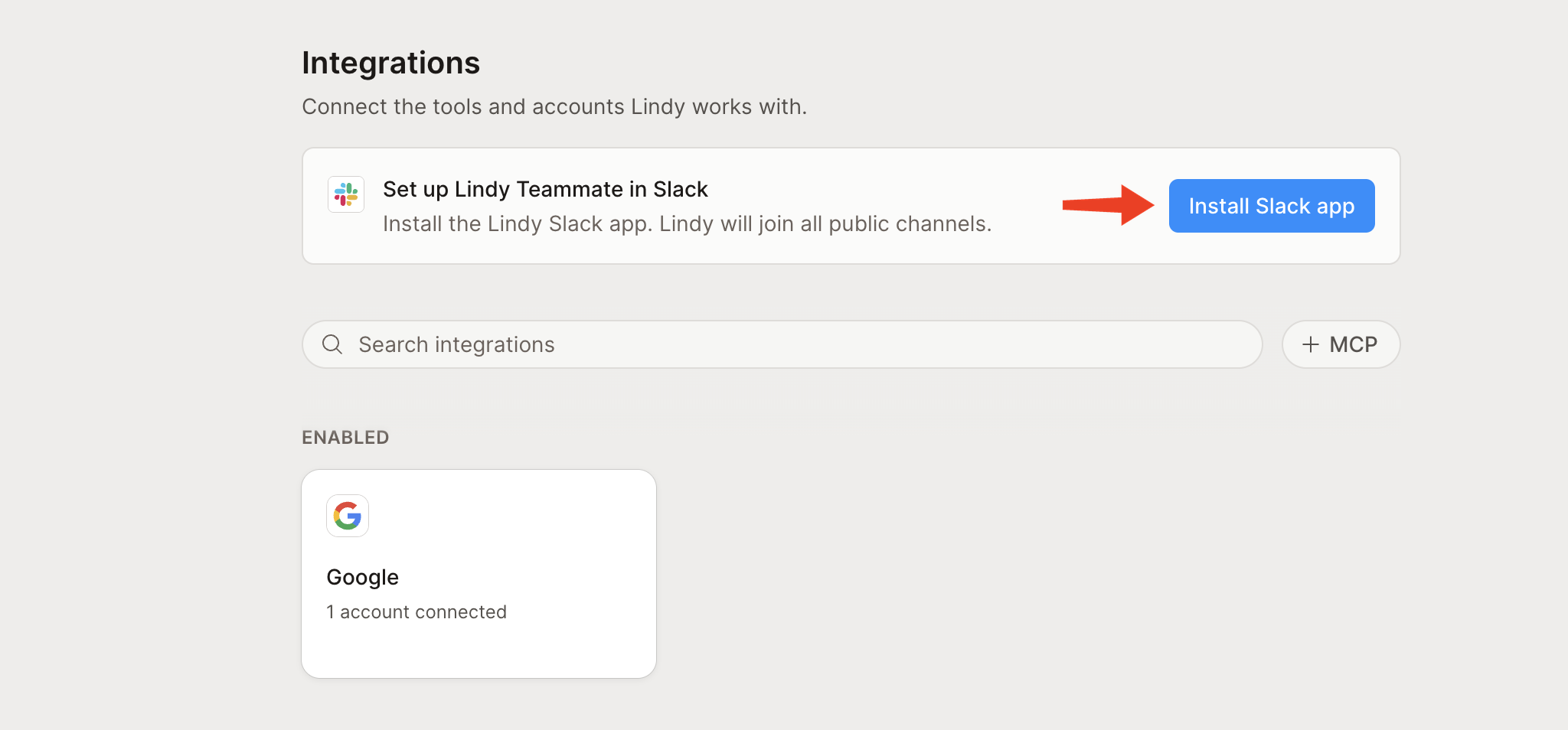 The Integrations page in Lindy with a Set up Lindy Teammate in Slack card at the top and an arrow pointing to the Install Slack app button
