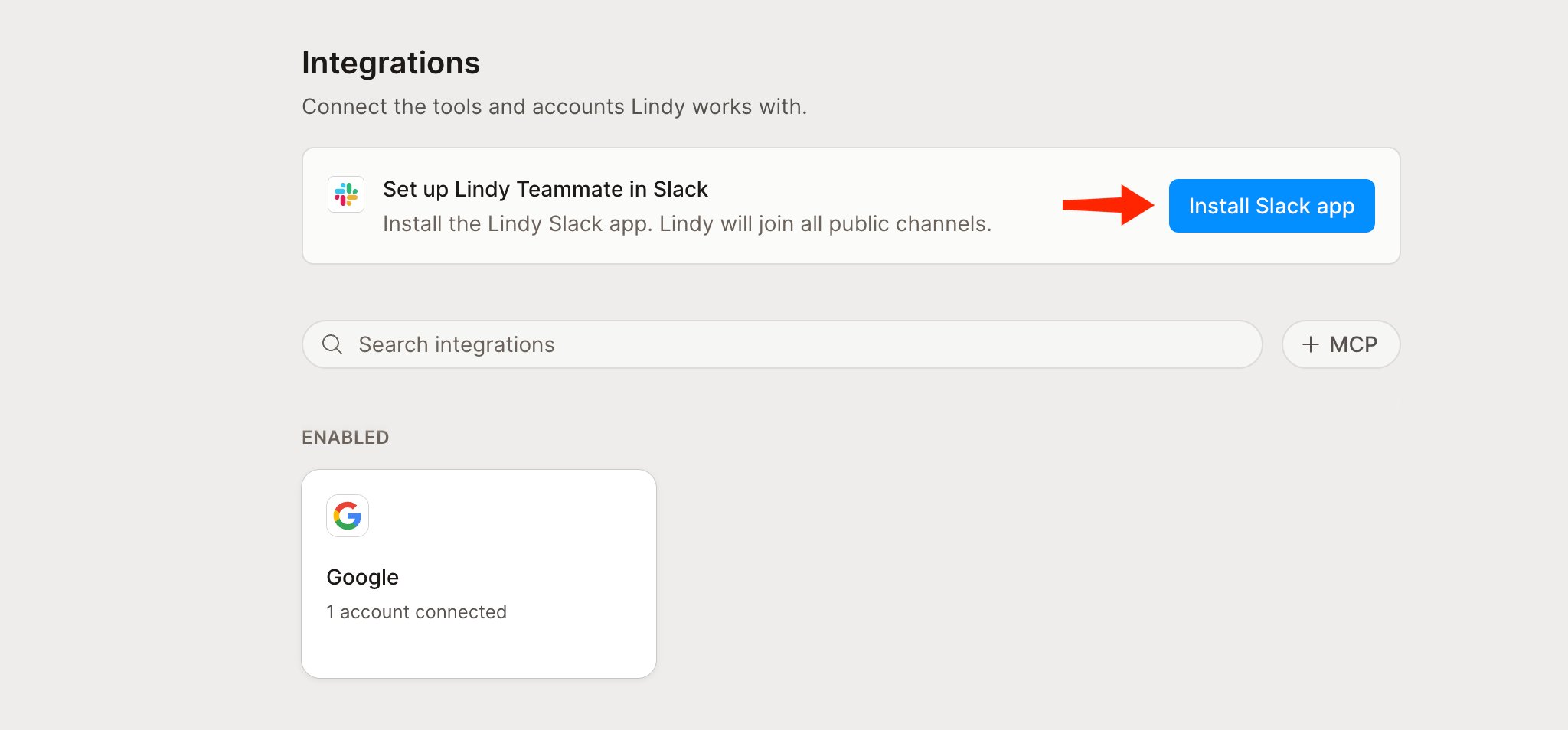 The Integrations page in Lindy with a Set up Lindy Teammate in Slack card at the top and an arrow pointing to the Install Slack app button