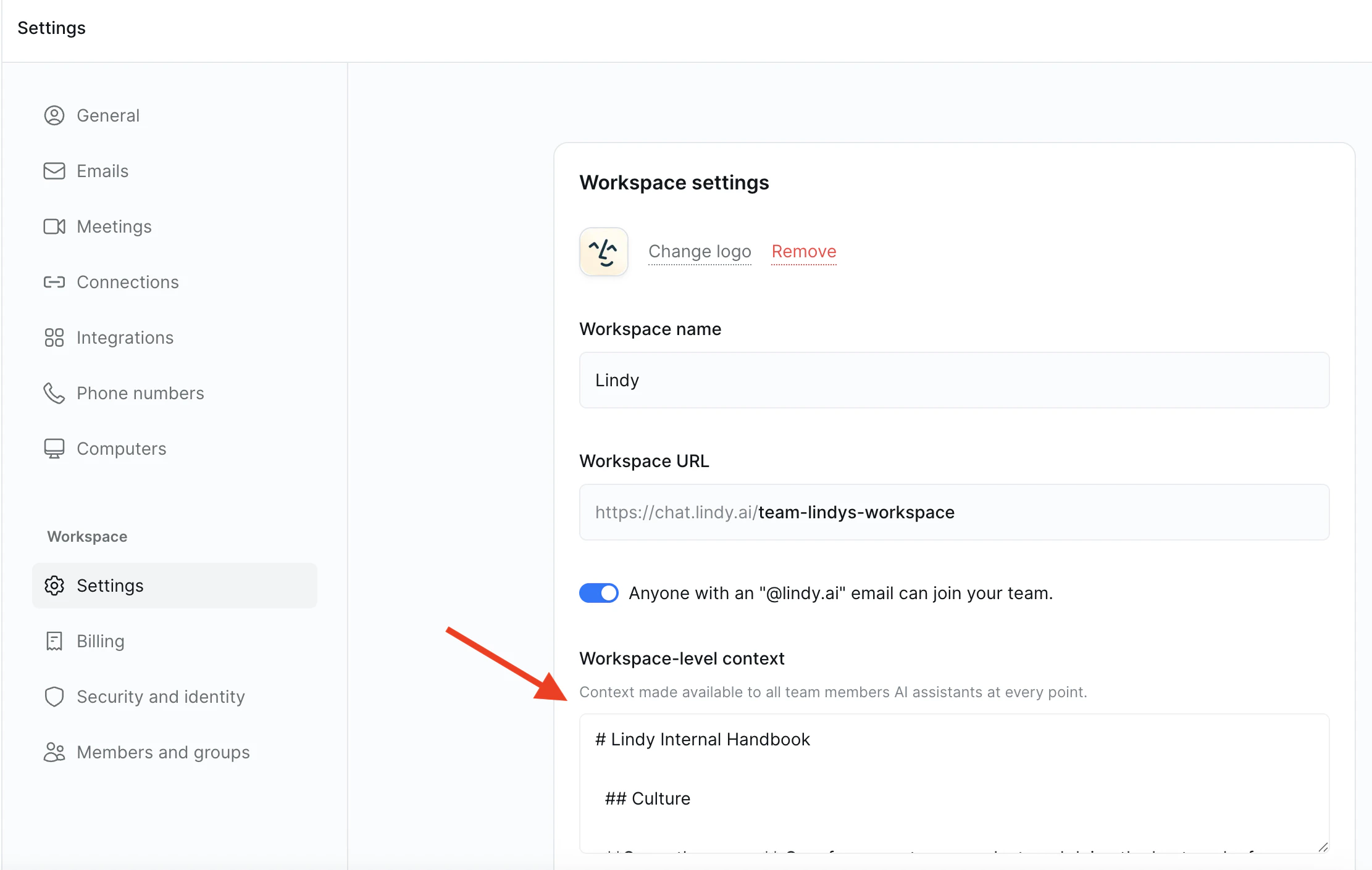 Workspace context settings
