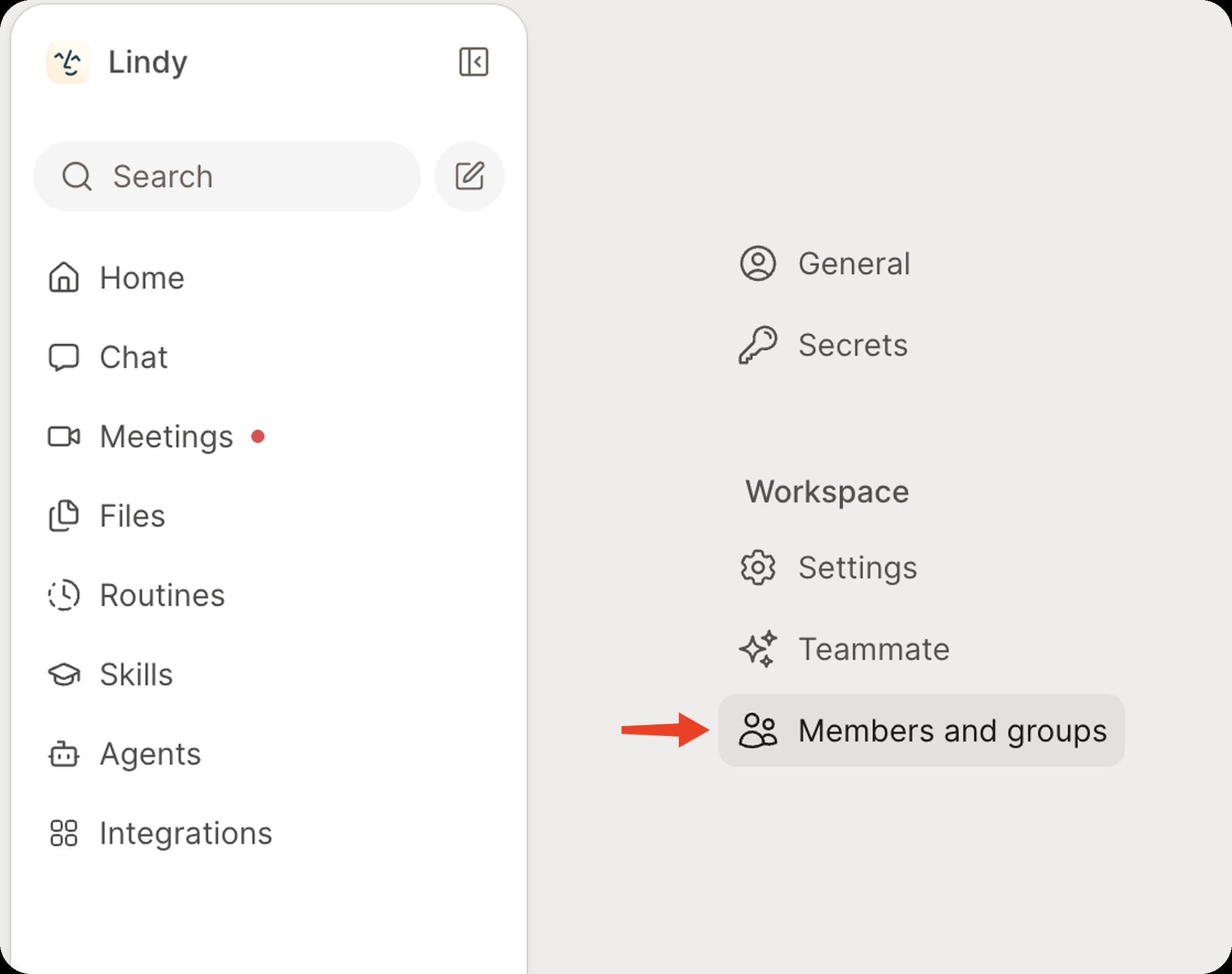 Workspace settings showing Settings, Teammate, and Members and groups under the Workspace section, with an arrow pointing to the selected Members and groups item