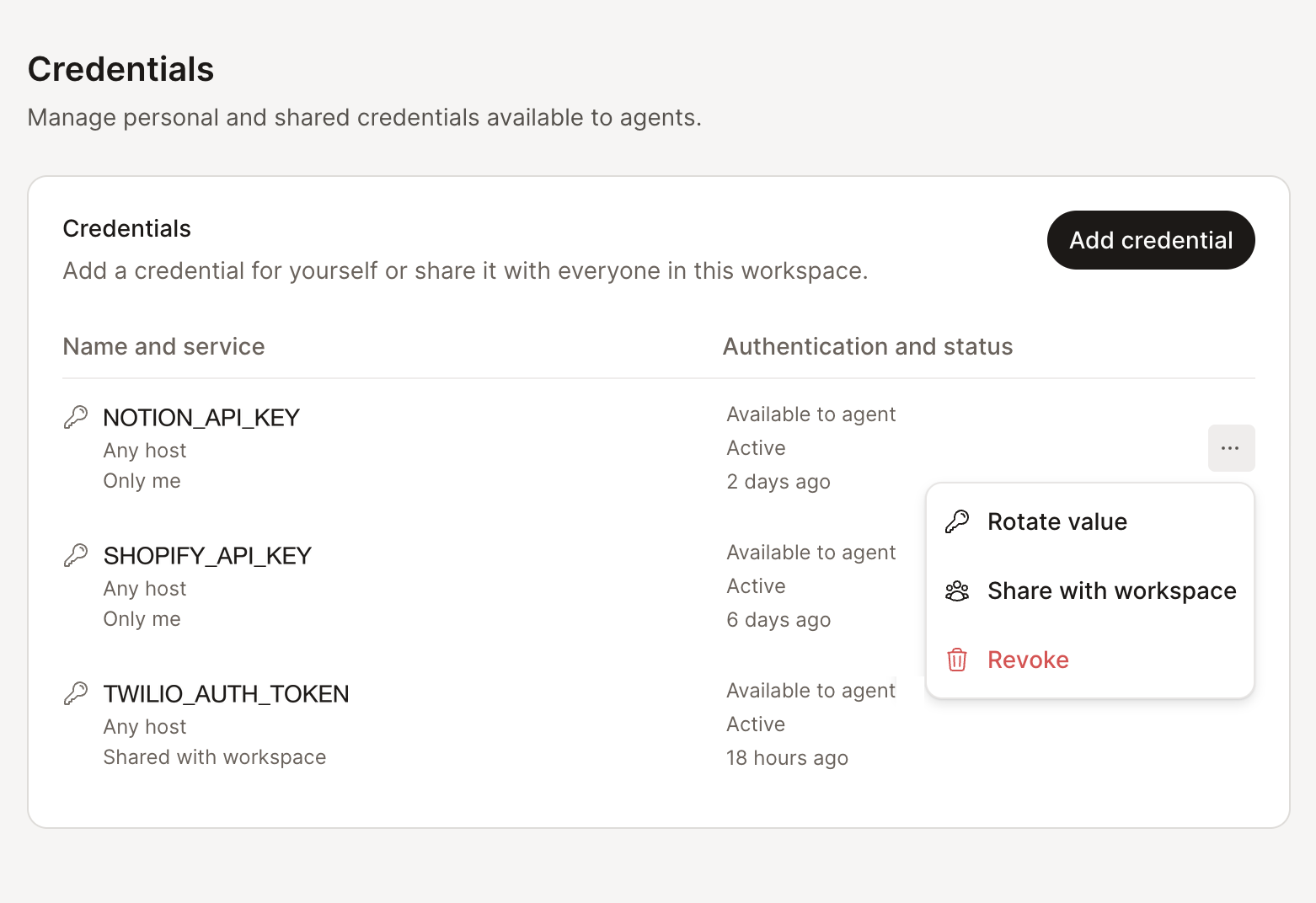 The actions menu on a credential row, offering Rotate value, Share with workspace, and Revoke
