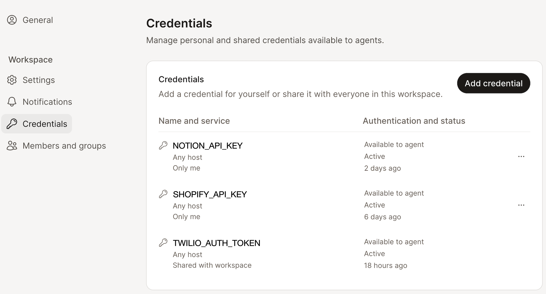 The Credentials page in Settings, listing stored credentials with their host, visibility, and status