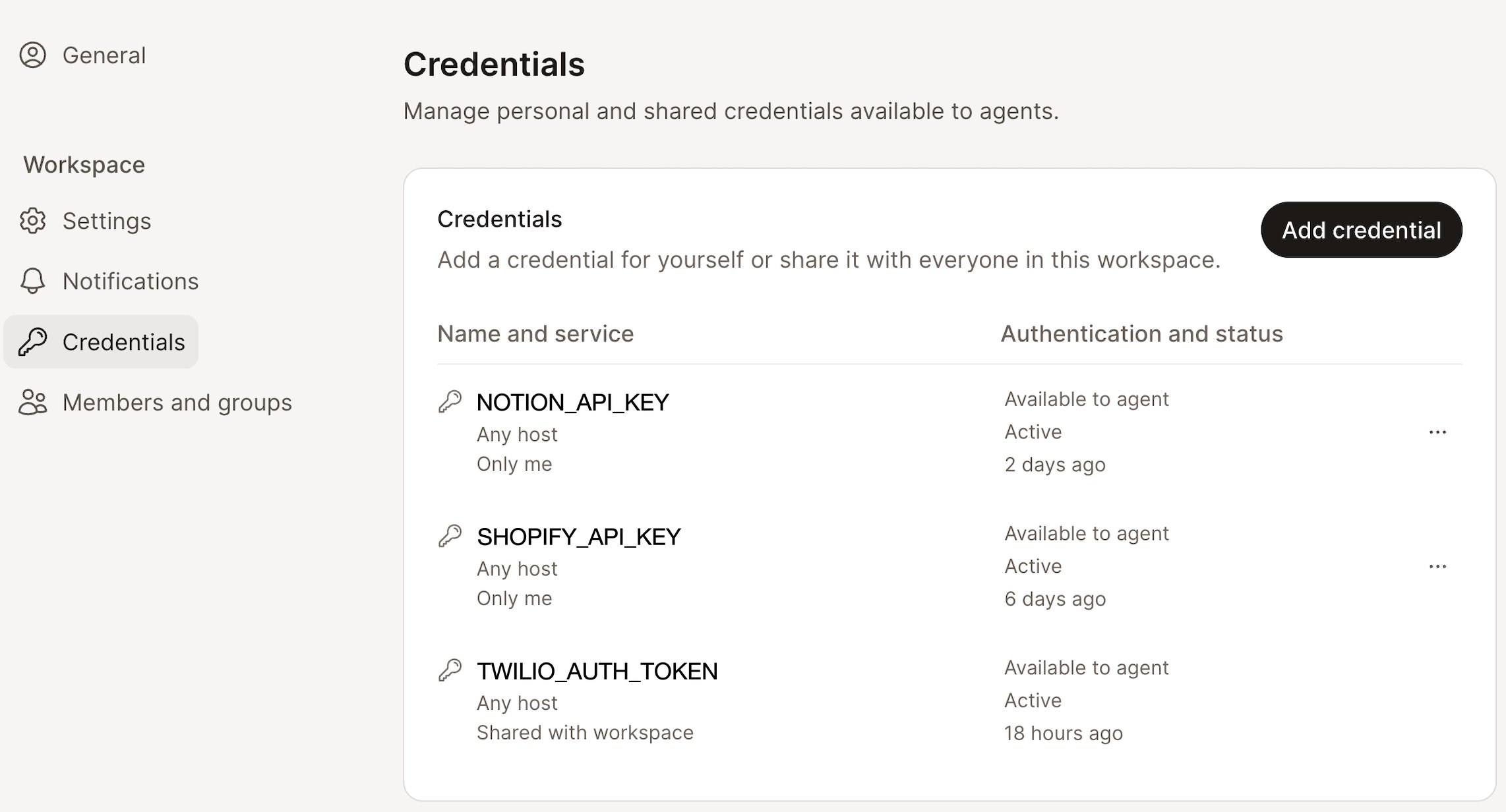 The Credentials page in Settings, listing stored credentials with their host, visibility, and status