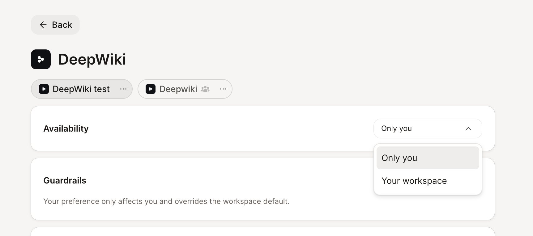 A connected MCP server's Availability dropdown, open on Only you and Your workspace
