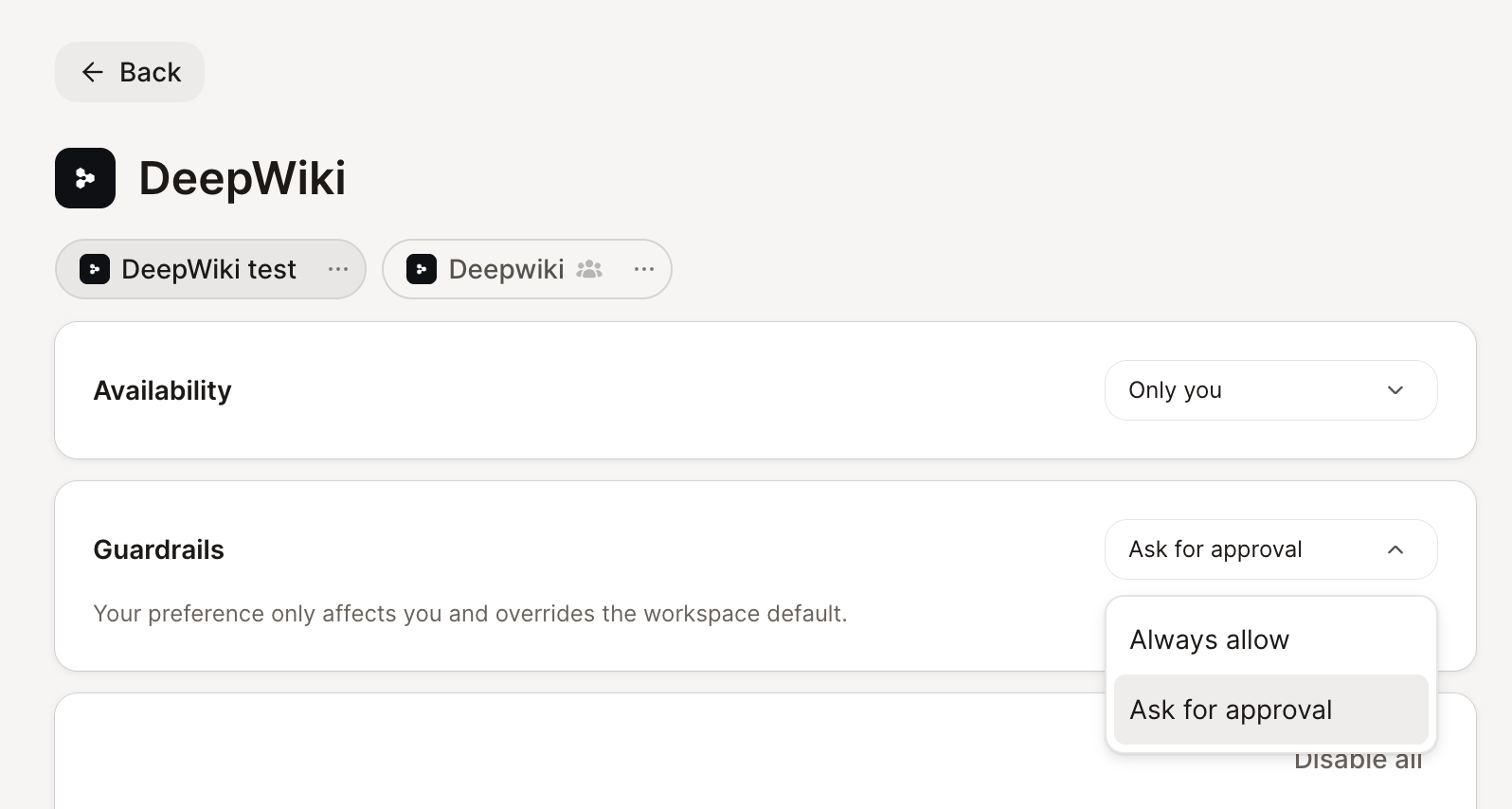 A connected MCP server's Guardrails dropdown, open on Always allow and Ask for approval