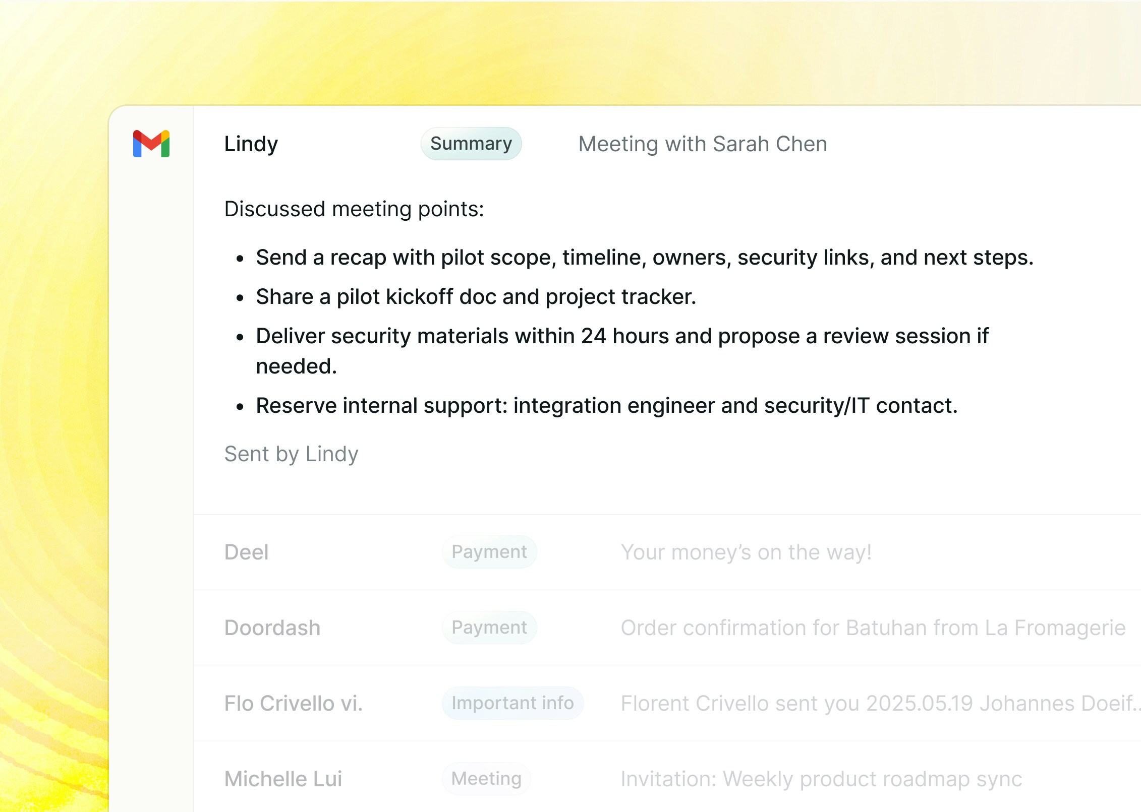 Follow-up email in Gmail showing discussed meeting points and action items