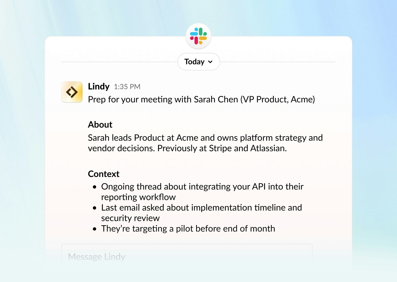 Meeting prep briefing showing attendee background and conversation context