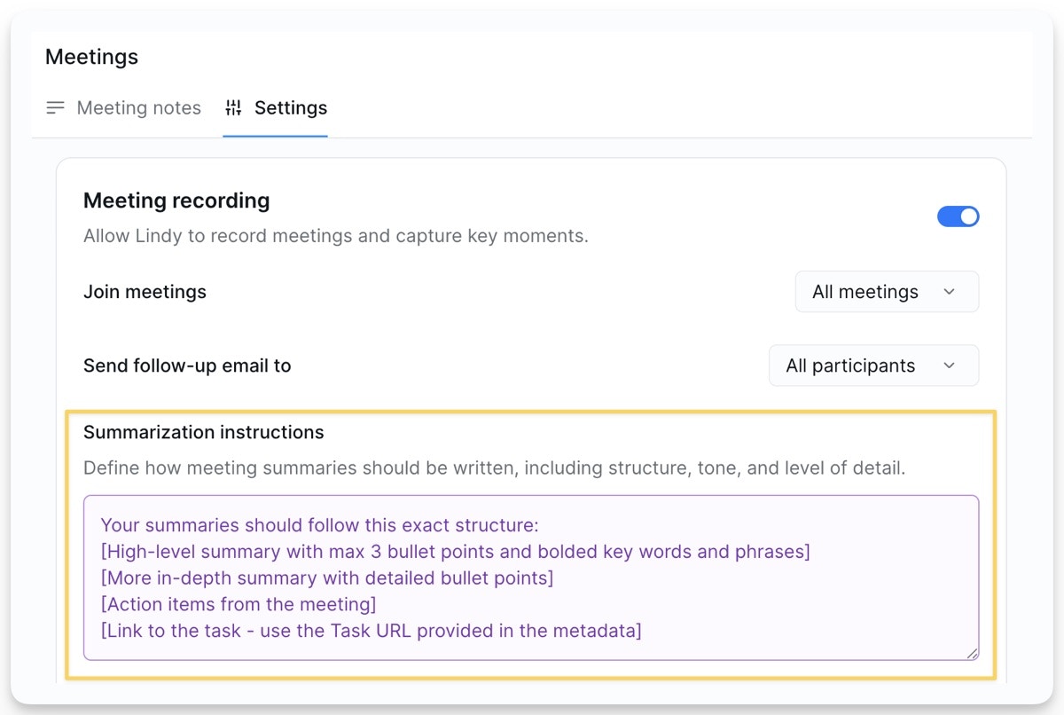 Meeting summary instruction settings in Lindy
