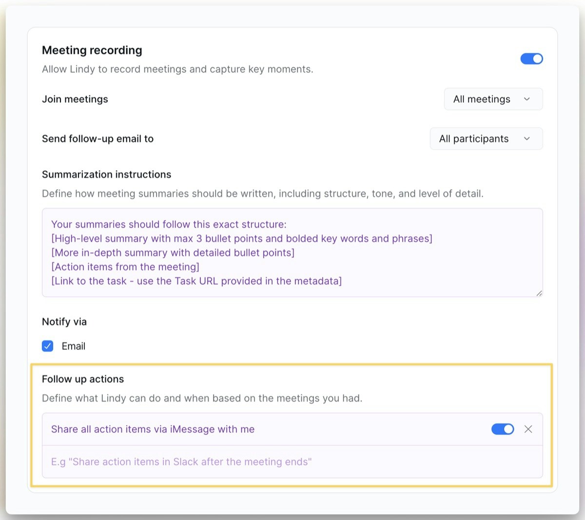 Follow-up actions settings showing custom actions and notification options