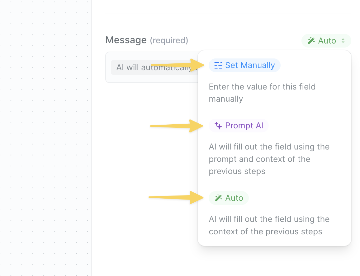Three field configuration modes in Lindy - Auto, AI Prompt, and Set Manually