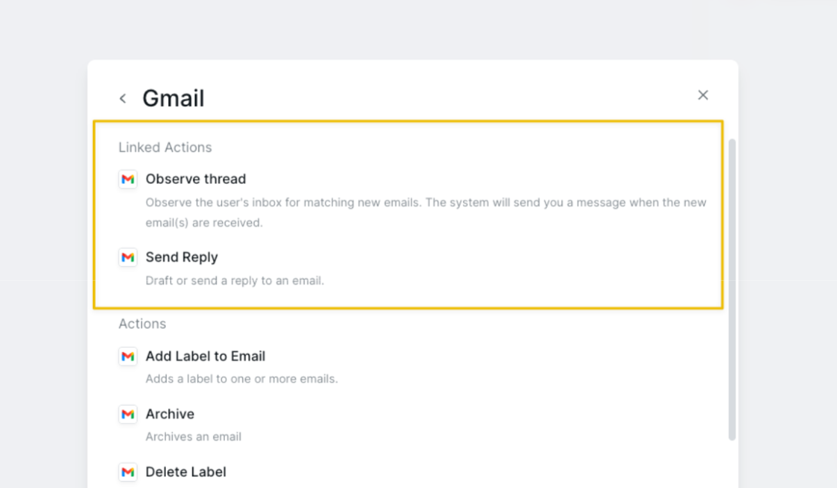 Gmail linked actions showing Observe thread and Send Reply capabilities