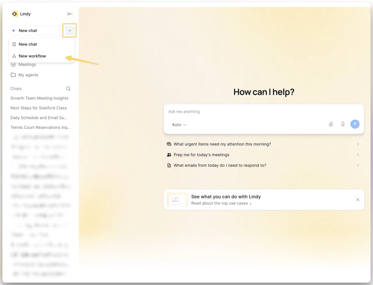 Click the chevron next to New chat and select New workflow