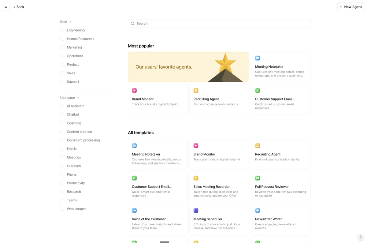 Template gallery with popular agents filtered by role and use case