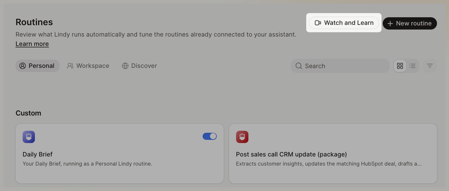 The Routines page with the Watch and Learn button highlighted beside New routine