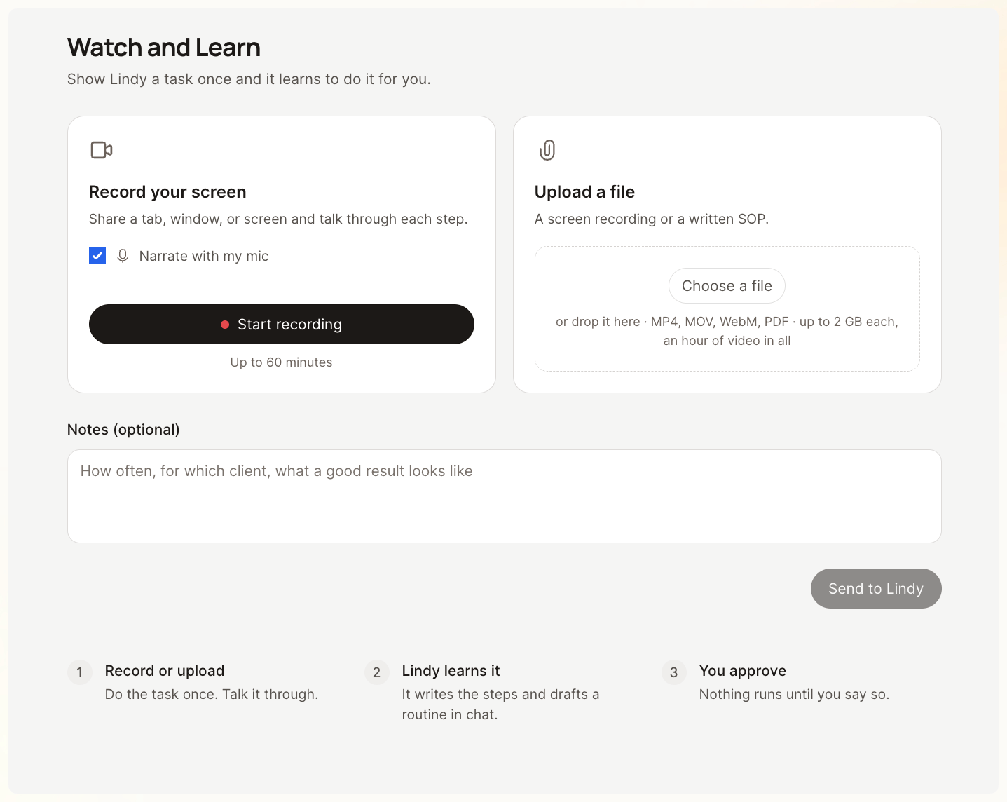 Watch and Learn with options to record your screen or upload a file, add notes, and send the process to Lindy