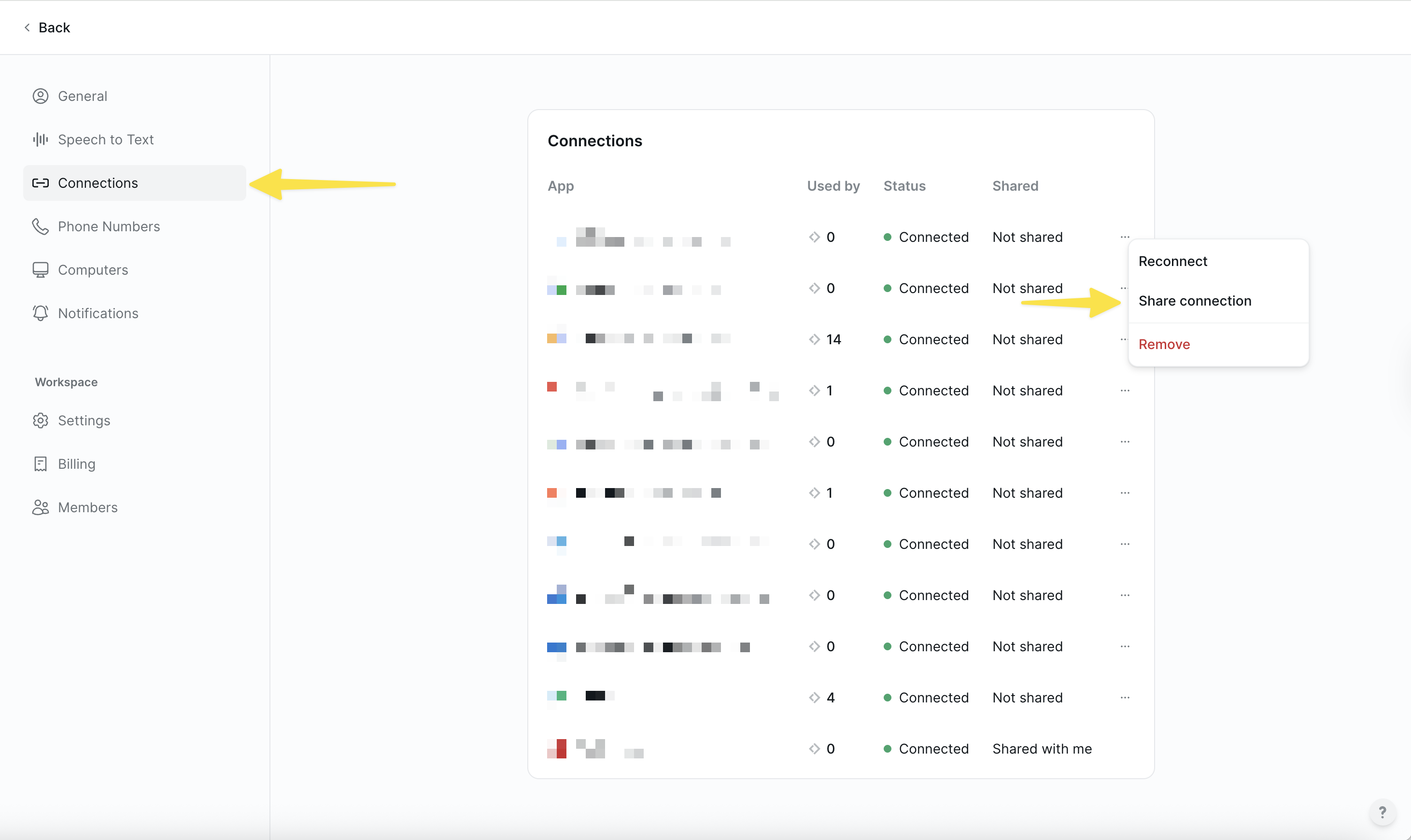 Sharing connections interface