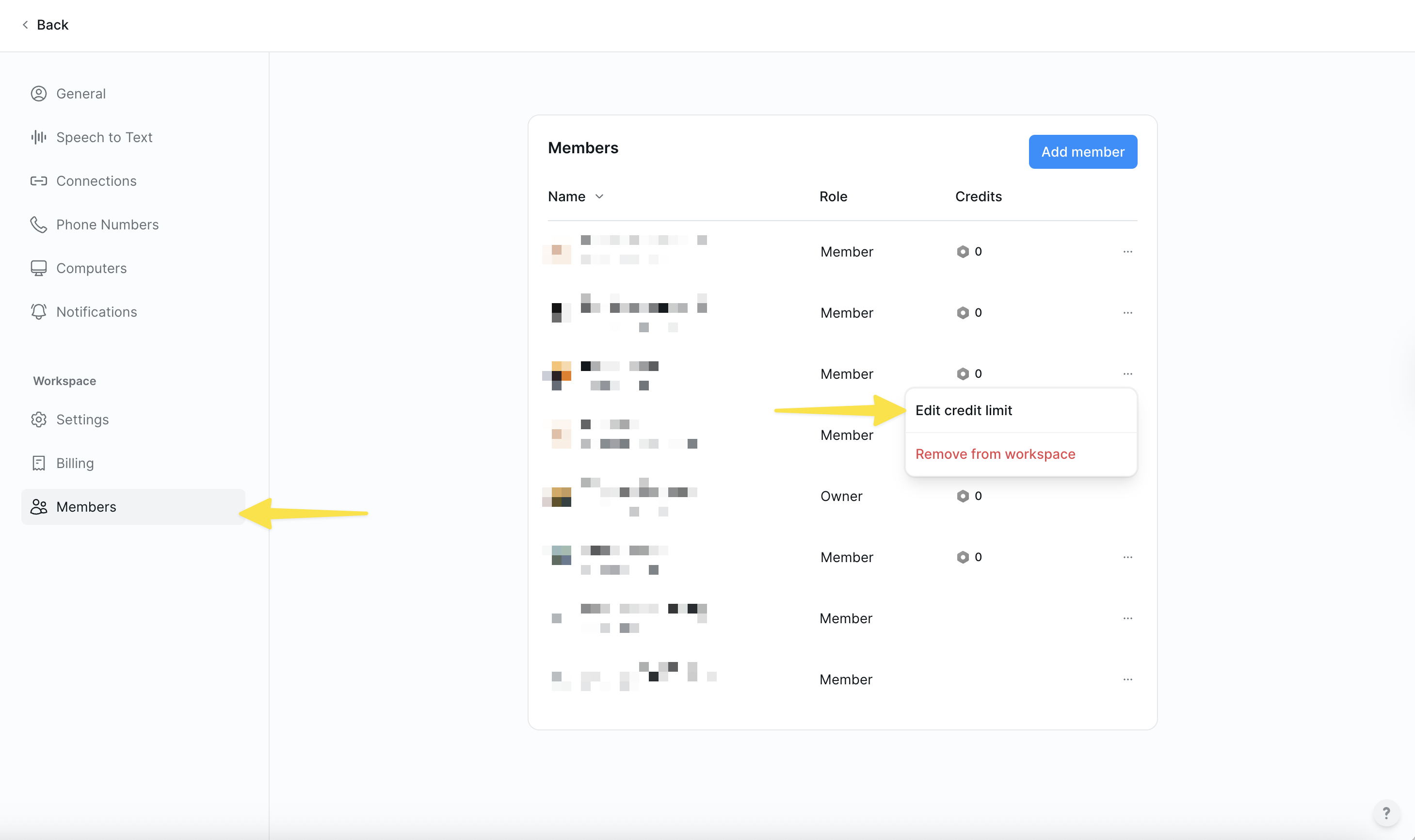 Credit allocation settings interface