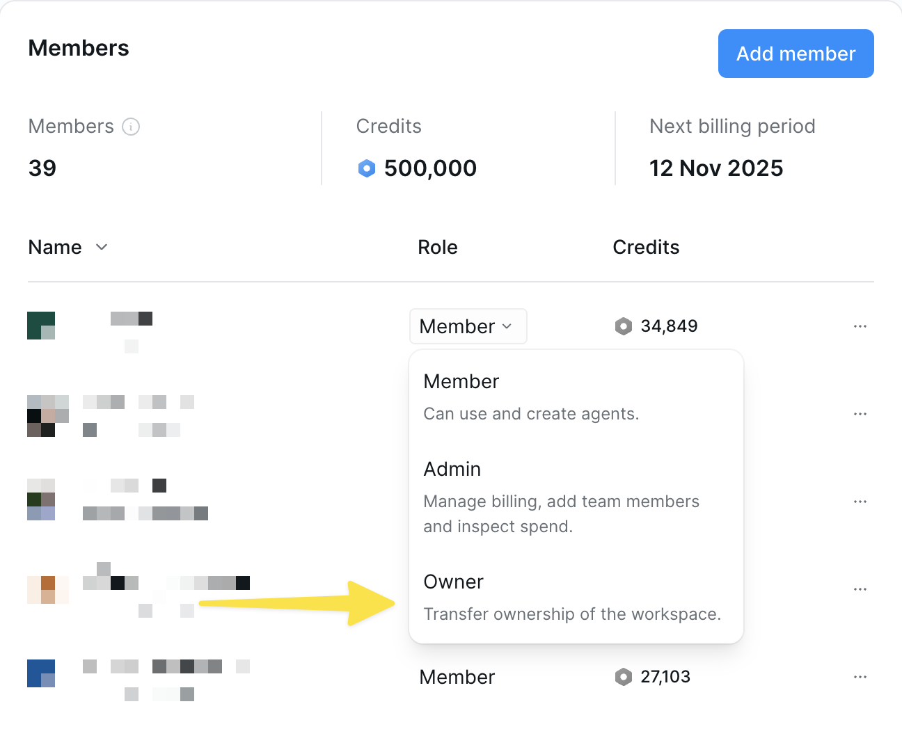Transferring workspace ownership interface
