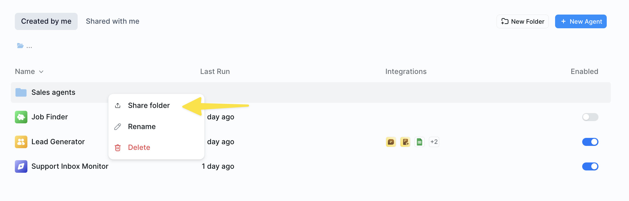 Sharing folders interface