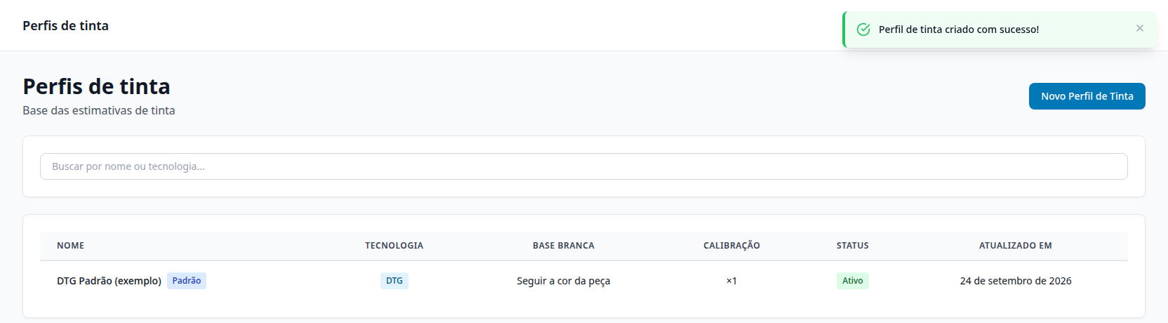 Lista de Perfis de Tinta com nome, tecnologia, base branca, calibração e status