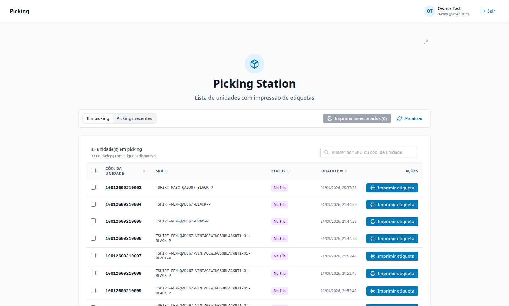 Lista de unidades na Picking Station, com status Na Fila e o botão Imprimir etiqueta por linha