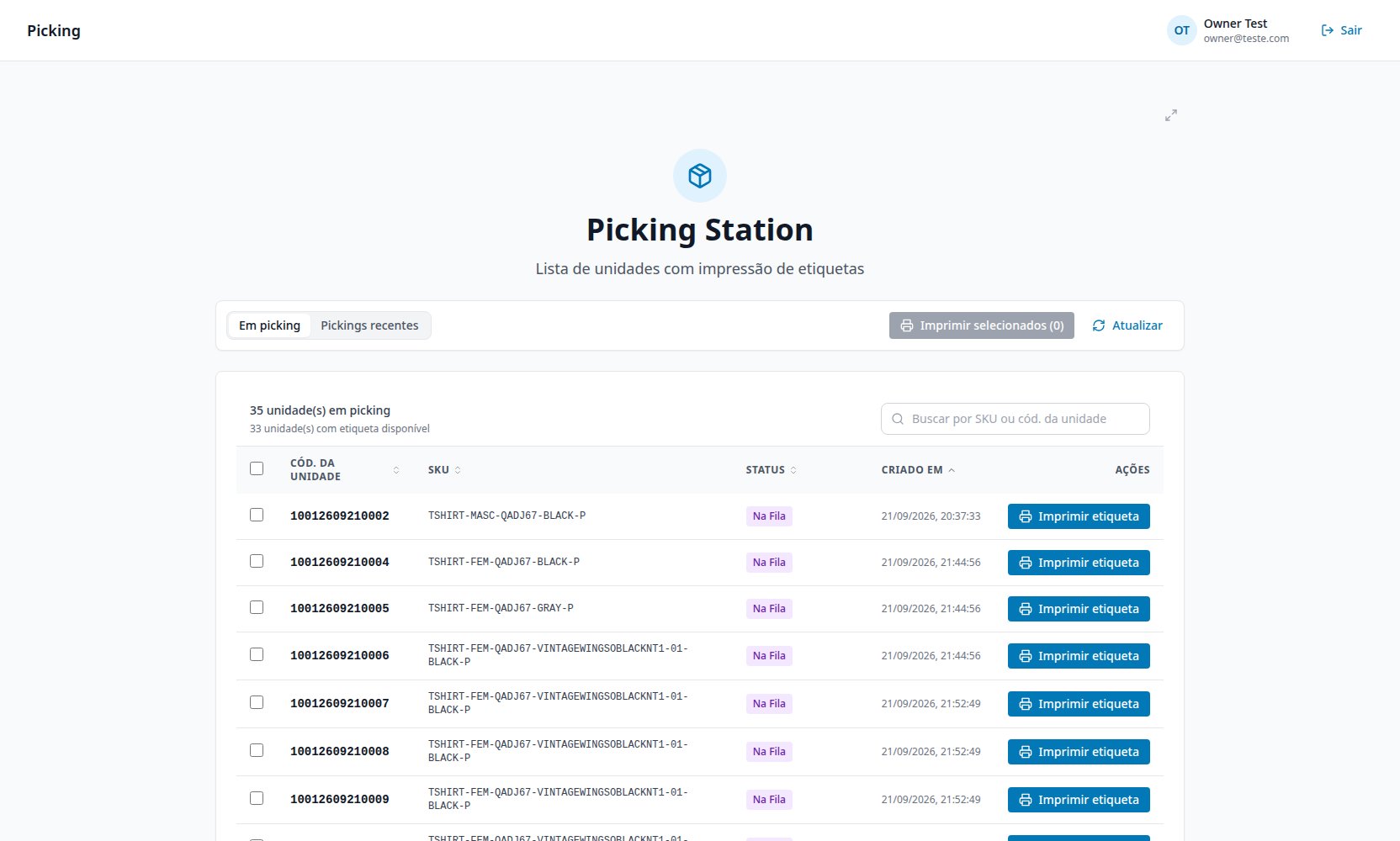 Lista de unidades na Picking Station, com status Na Fila e o botão Imprimir etiqueta por linha