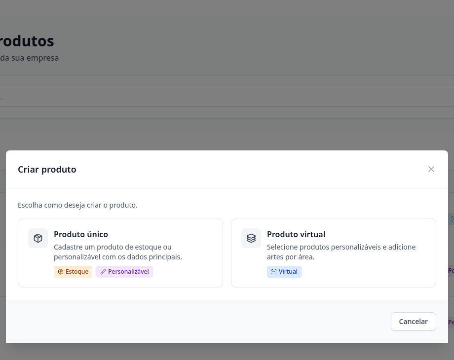 Modal Criar produto com as opções Produto único e Produto virtual