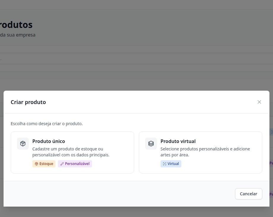 Modal Criar produto com as opções Produto único e Produto virtual