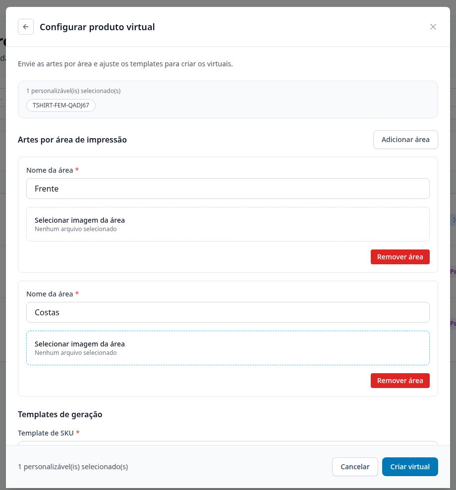 Tela Configurar produto virtual com as áreas de impressão e os templates de SKU e nome