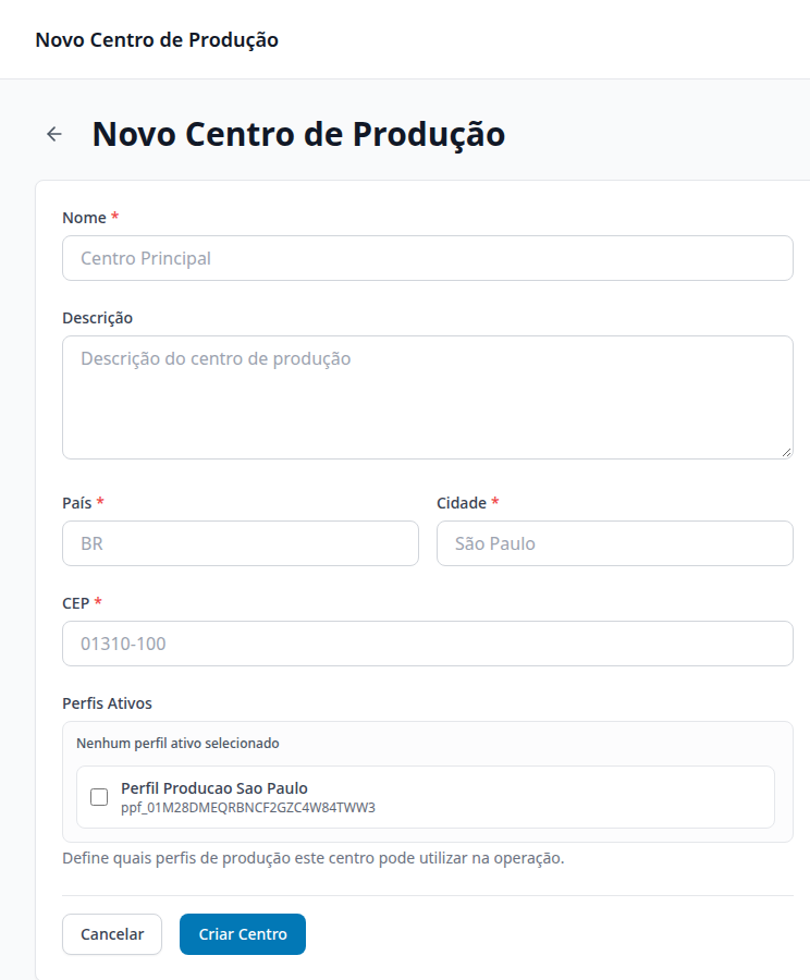 Formulário Novo Centro de Produção com os dados do centro e a lista de Perfis Ativos