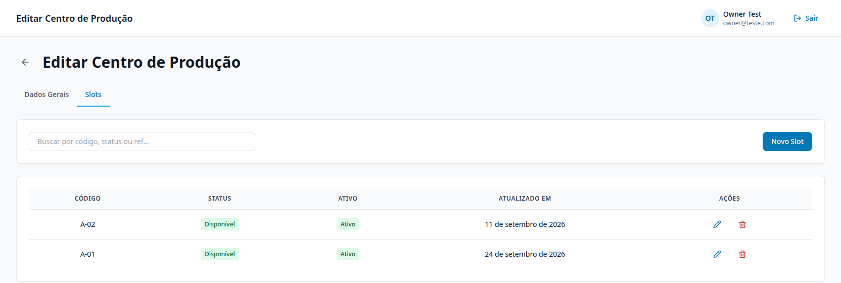 Aba Slots de um Centro de Produção, com a lista de slots, status Disponível e o botão Novo Slot