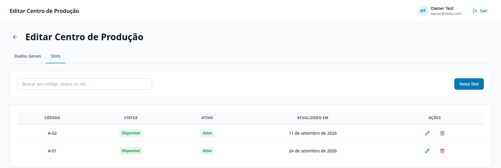 Aba Slots de um Centro de Produção, com a lista de slots, status Disponível e o botão Novo Slot