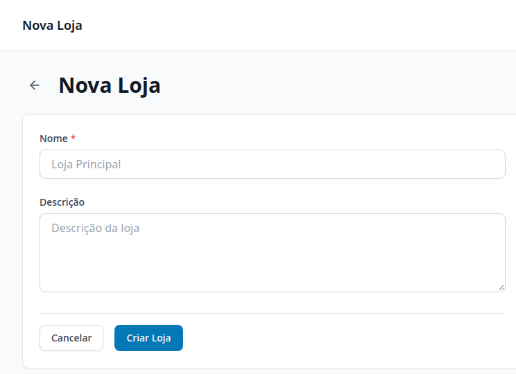 Formulário Nova Loja com os campos Nome e Descrição