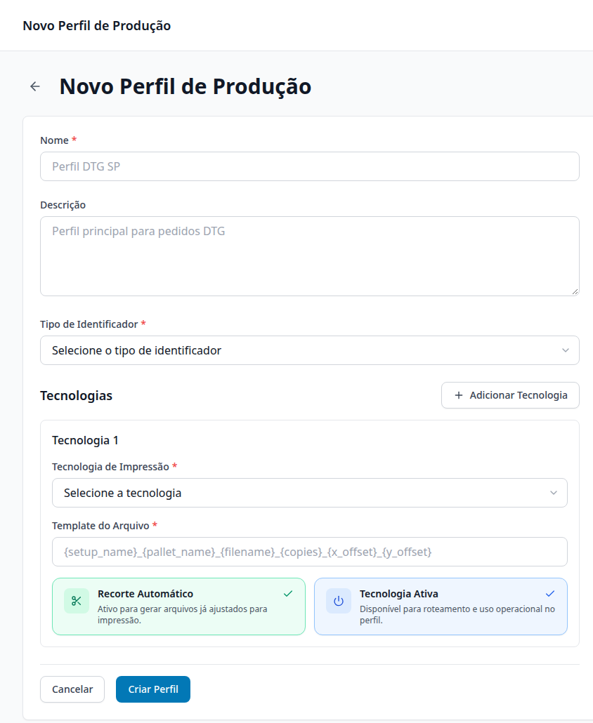 Formulário Novo Perfil de Produção com o tipo de identificador e a tecnologia DTG configurada