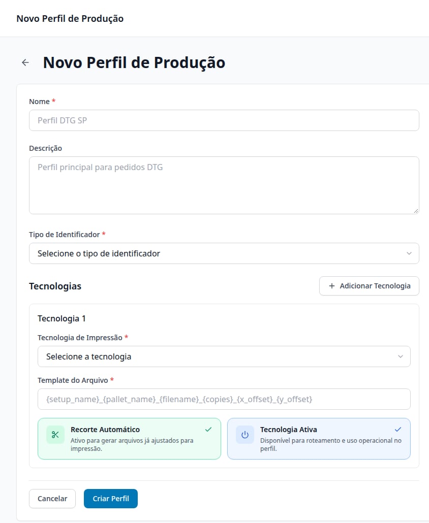 Formulário Novo Perfil de Produção com o tipo de identificador e a tecnologia DTG configurada