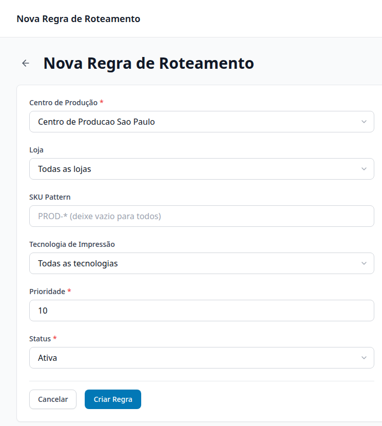 Formulário Nova Regra de Roteamento com Centro de Produção, Loja, SKU Pattern, Tecnologia, Prioridade e Status