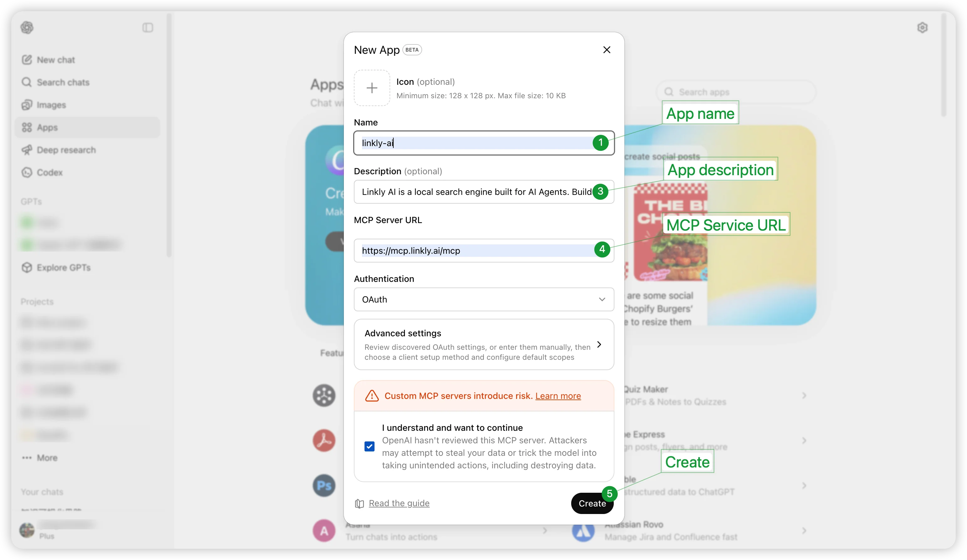 ChatGPT Create MCP App form