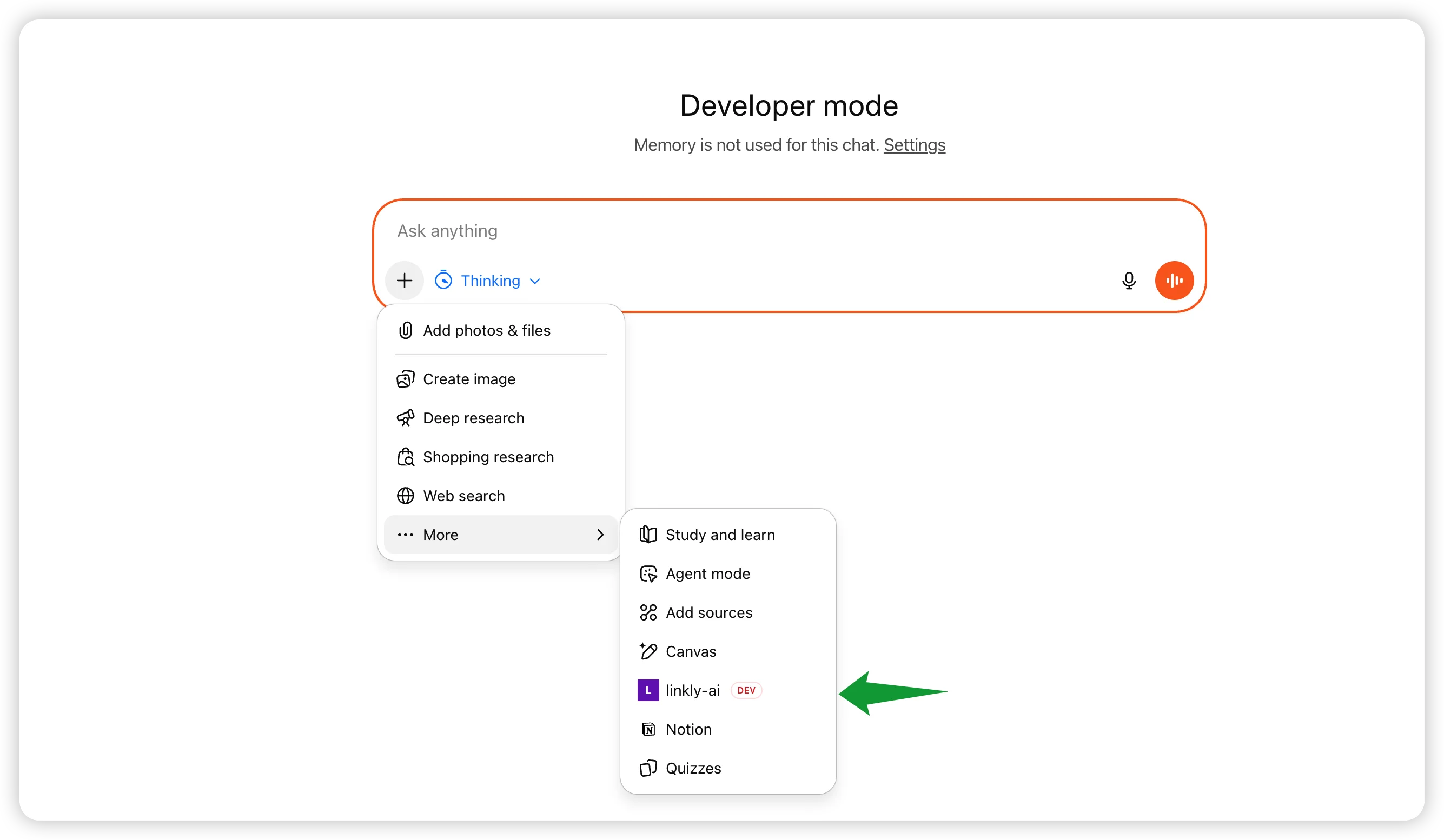 Selecting linkly-ai from the ChatGPT input menu