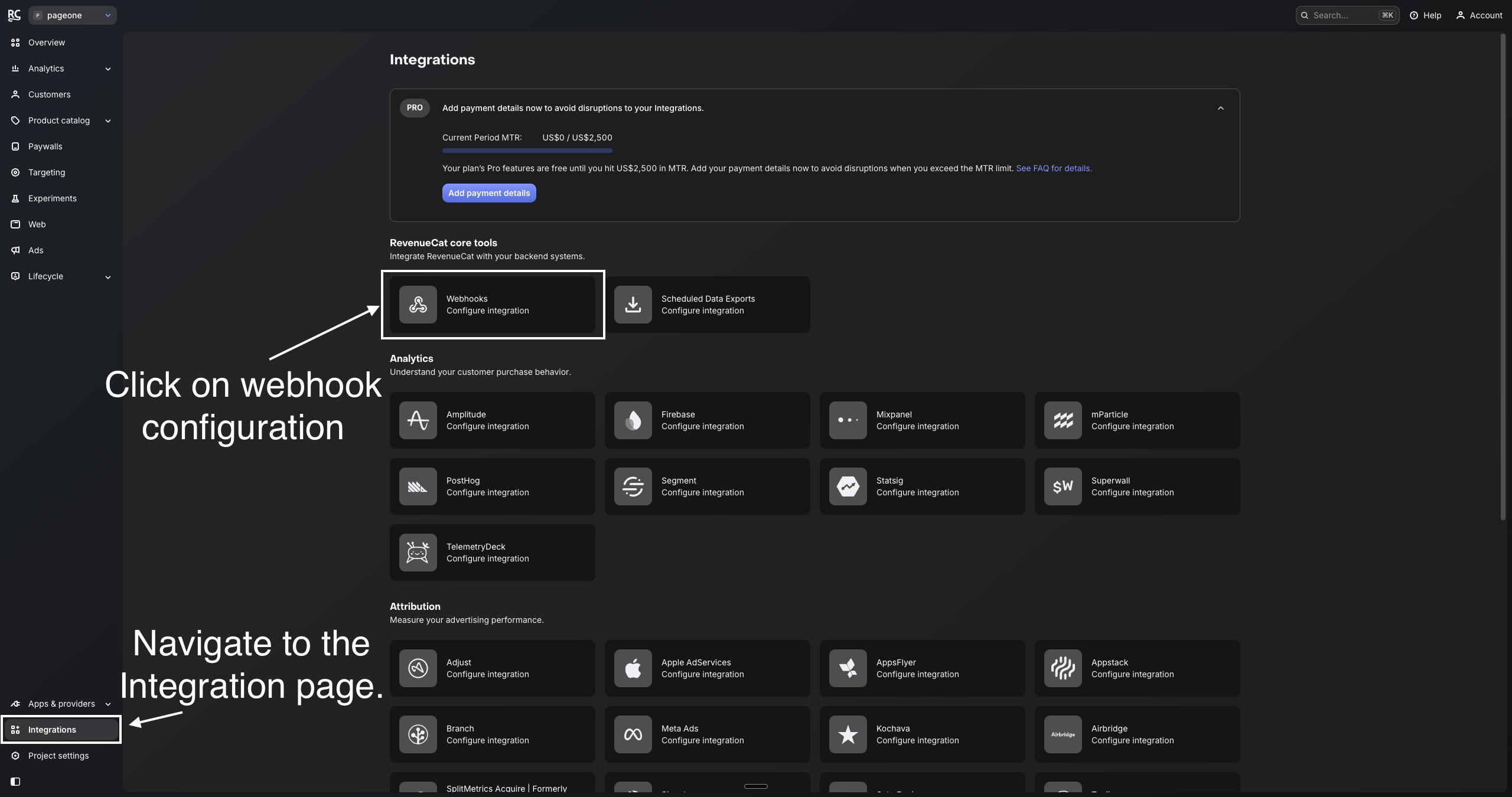 RevenueCat Integrations page - click on Webhooks