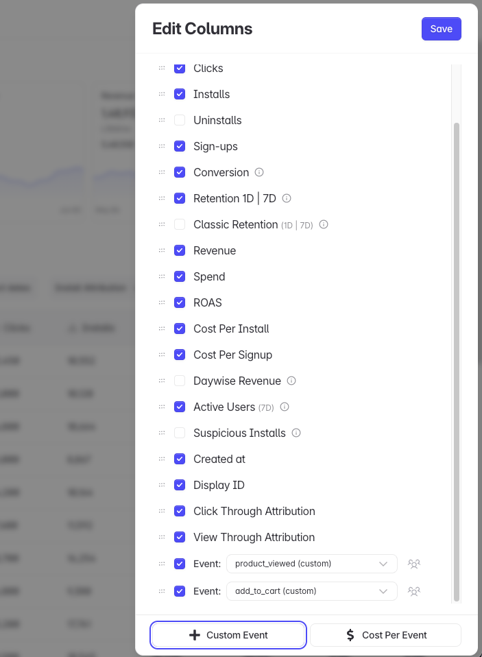 Edit Columns panel on the Campaigns table with metric and per-event columns