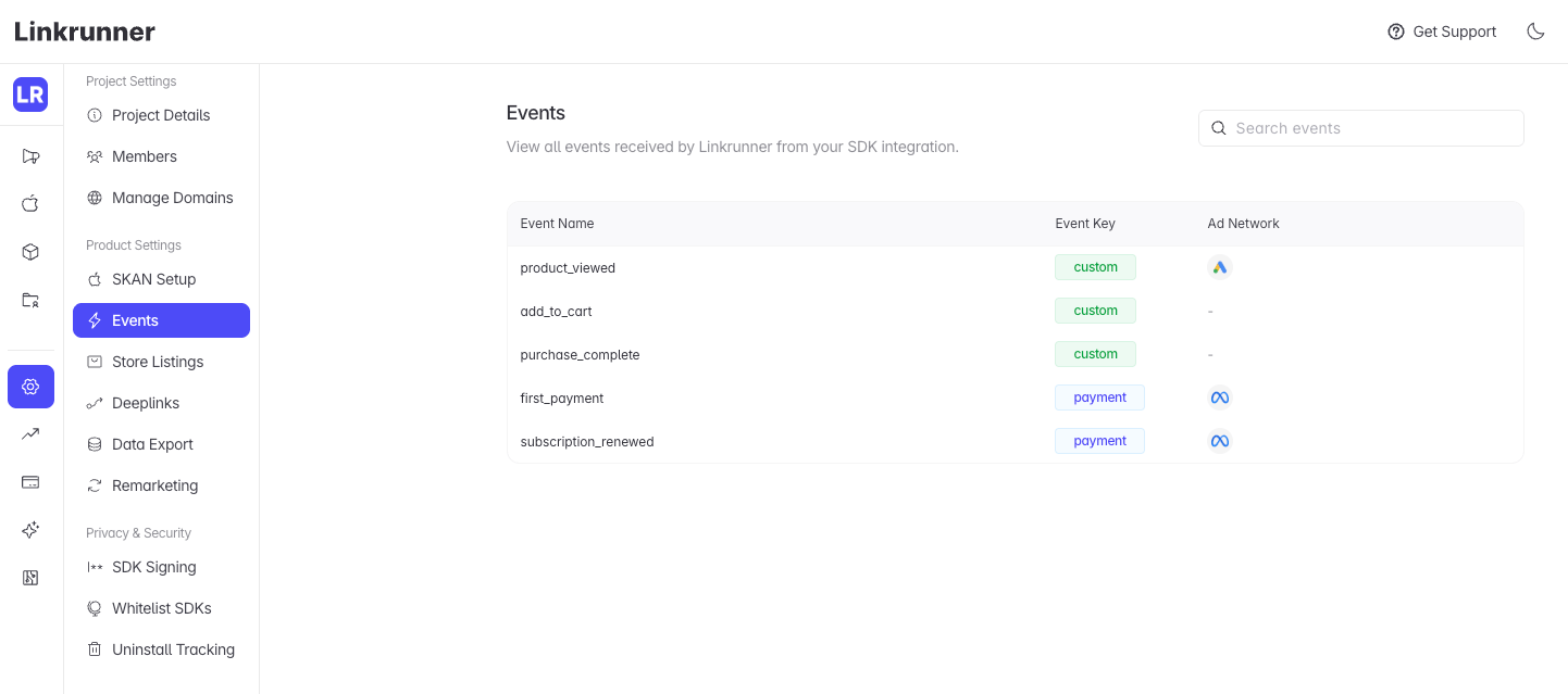 Events settings page listing received events and their ad network mappings