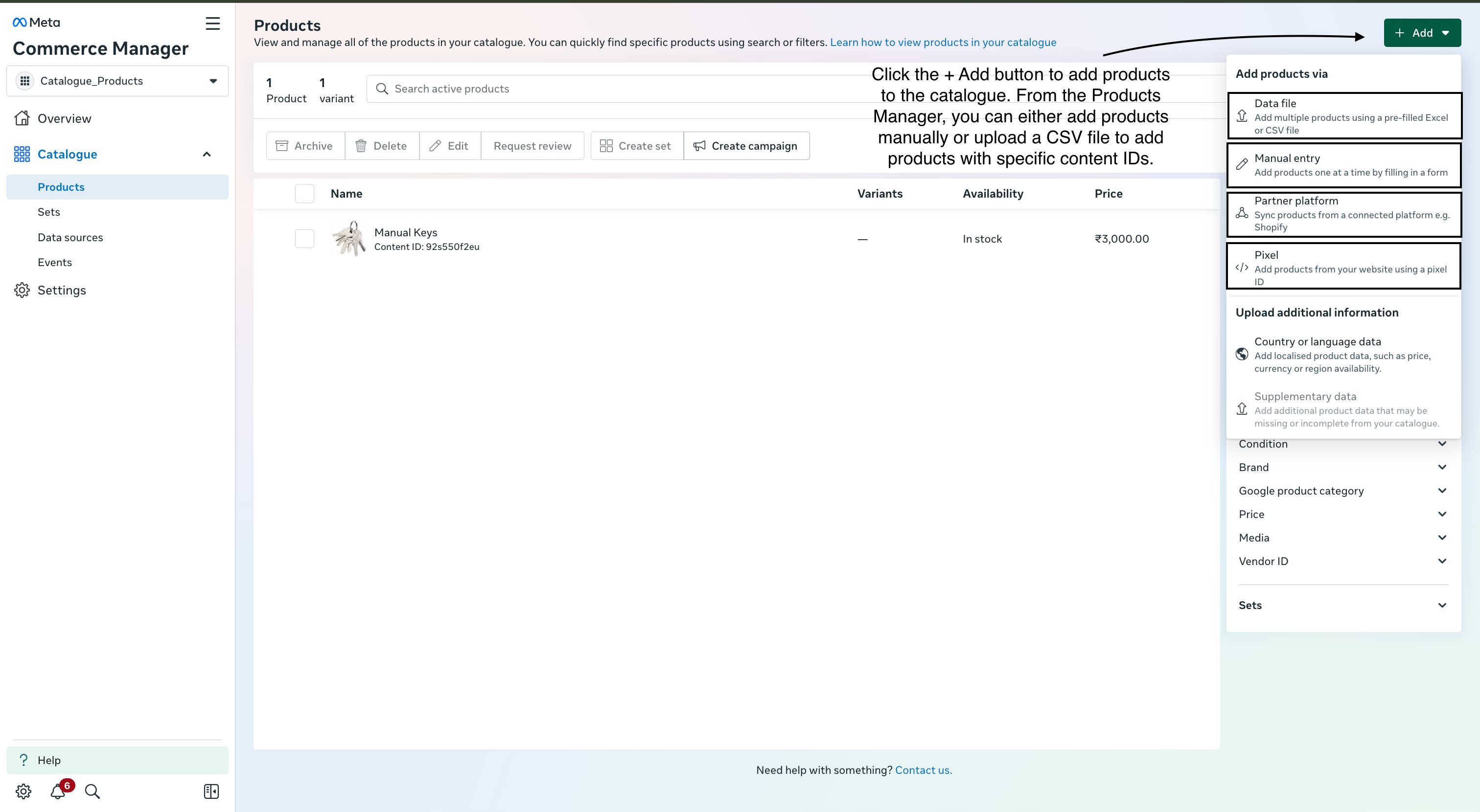 Add products to catalogue via manual entry or CSV upload