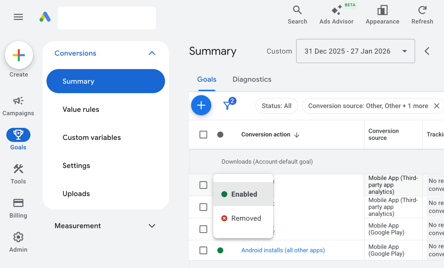 Google Ads - Enable Removed Conversion