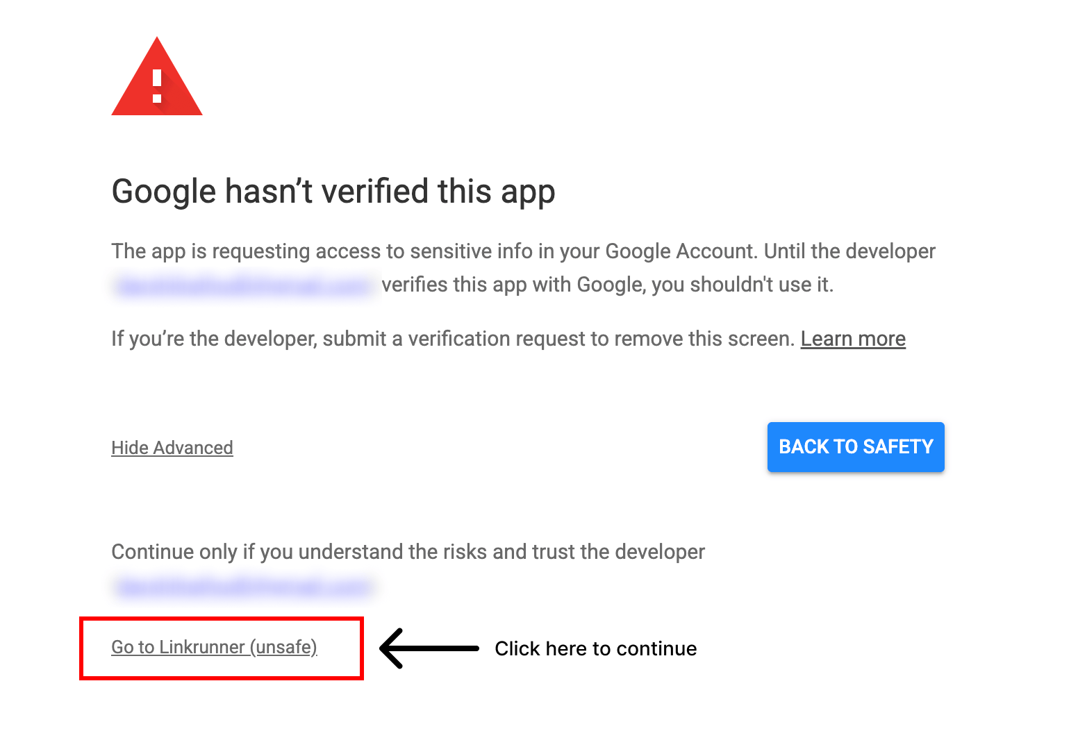 Google unverified app warning with the Go to Linkrunner unsafe link highlighted