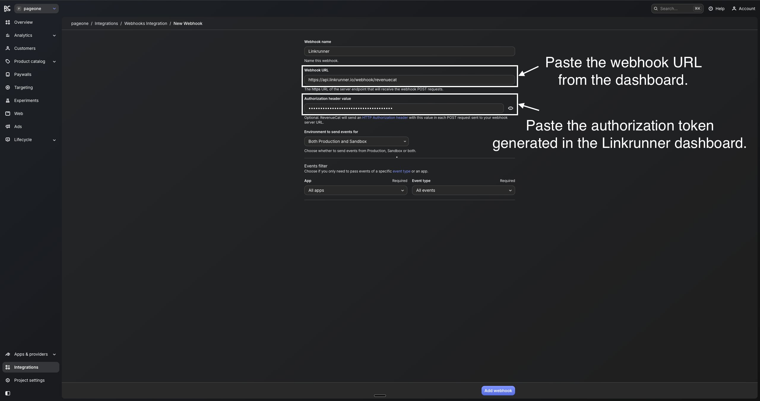 RevenueCat New Webhook configuration
