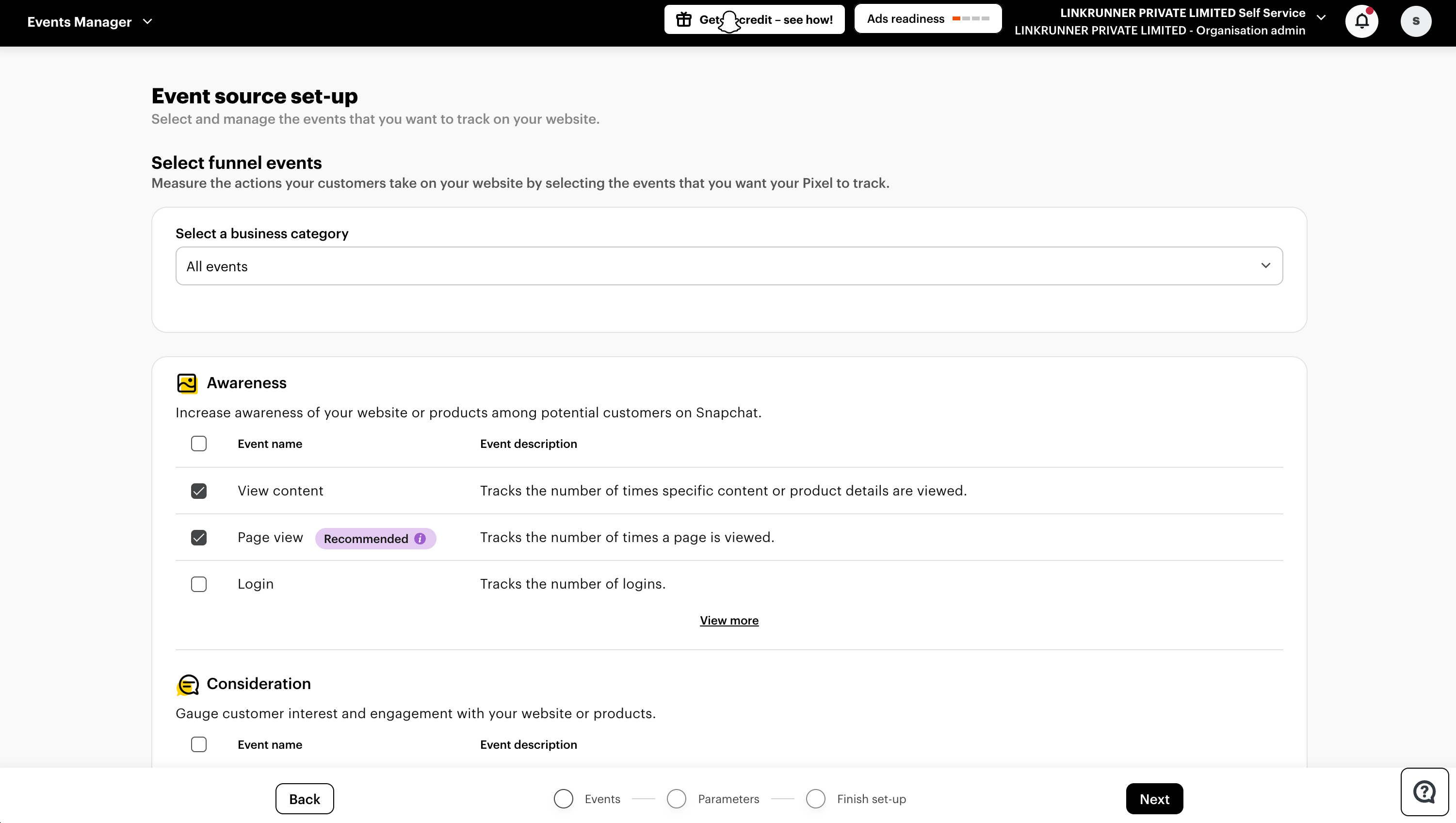 Snapchat Ads Manager - Select Events