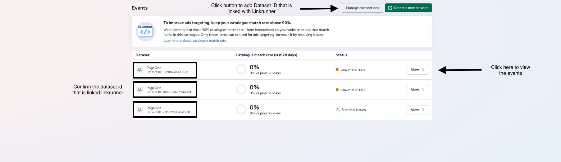 Manage connections and turn on Dataset ID